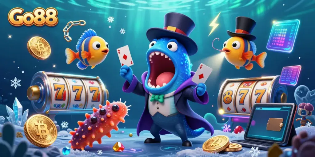 Go88's thrilling underwater casino scene showcasing a magical card trick with vibrant gaming elements.
