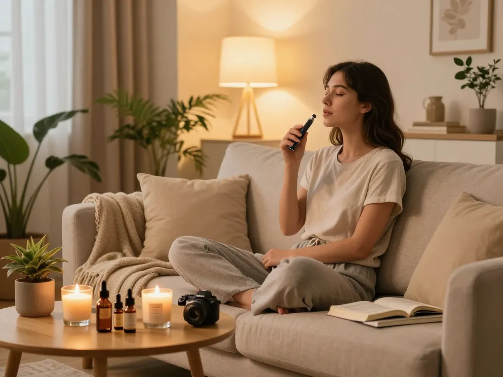 Thc vapes italia momento di benessere con olio CBD e dispositivo per vape in una casa accogliente.