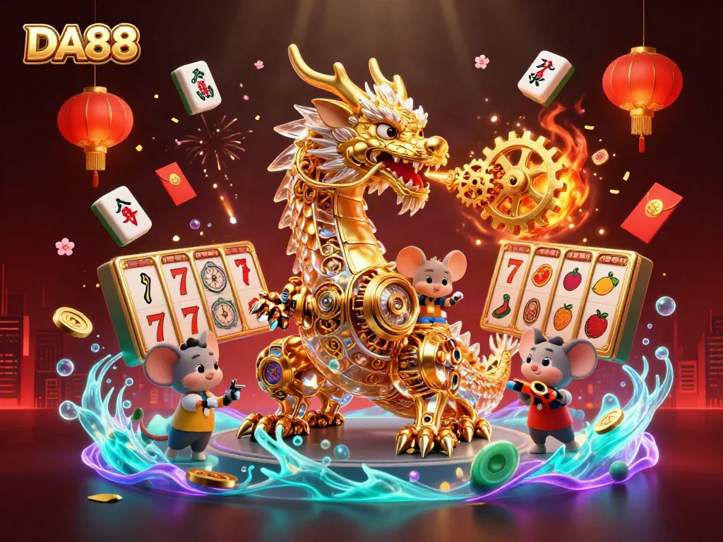Engage in thrilling action at DA88 with a vibrant 3D casino scene featuring a golden dragon.