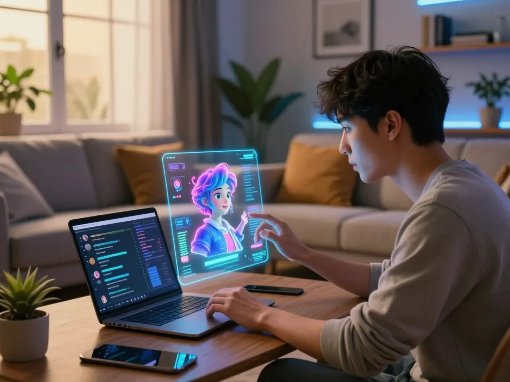 Engaging interaction with crushon ai character displayed on a touchscreen in a cozy tech-inspired living room.
