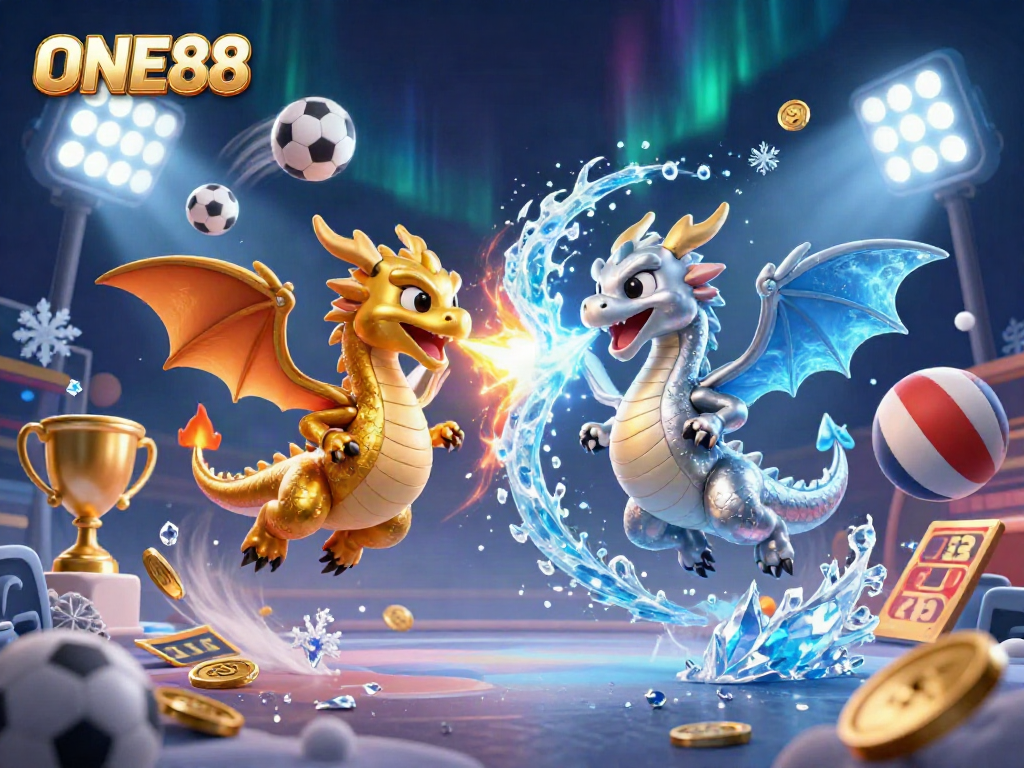 Experience thrilling action with ONE88's dynamic 3D casino scene featuring gold and silver dragons amidst vibrant sports elements.