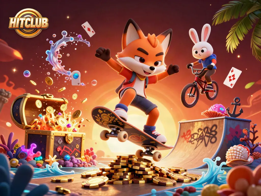 Join the fun at HITCLUB where a fox and rabbit celebrate gaming excitement amidst sparkling treasures.