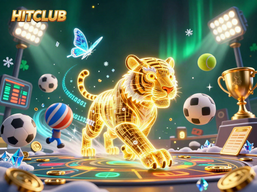 Engage with HITCLUB's vibrant 3D casino illustration showcasing dynamic sports betting elements and a golden tiger.