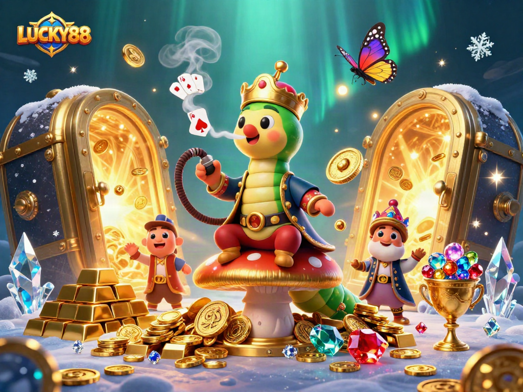 Spin to win with LUCKY88 in an enchanting casino scene featuring treasures and games.