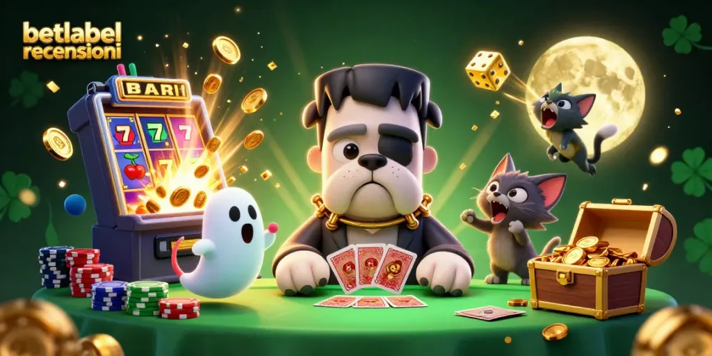 Engaging scene showcasing betlabel recensioni with a cartoon bulldog dealer, lively casino elements, and festive atmosphere.