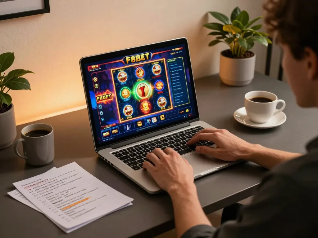 F8BET player engaging in online slot games on a laptop, showcasing casino excitement at home