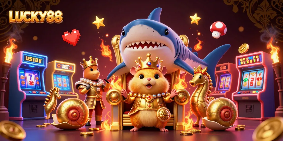 Spin to win with LUCKY88 at the vibrant casino scene featuring a golden hamster king and arcade elements.