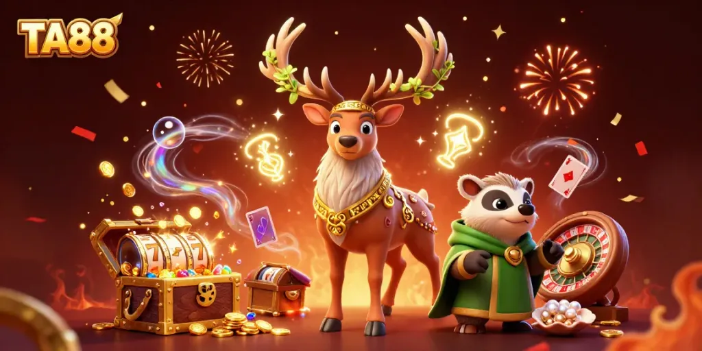 TA88 offers thrilling casino gaming with vibrant visuals and rich rewards in this dynamic illustration.
