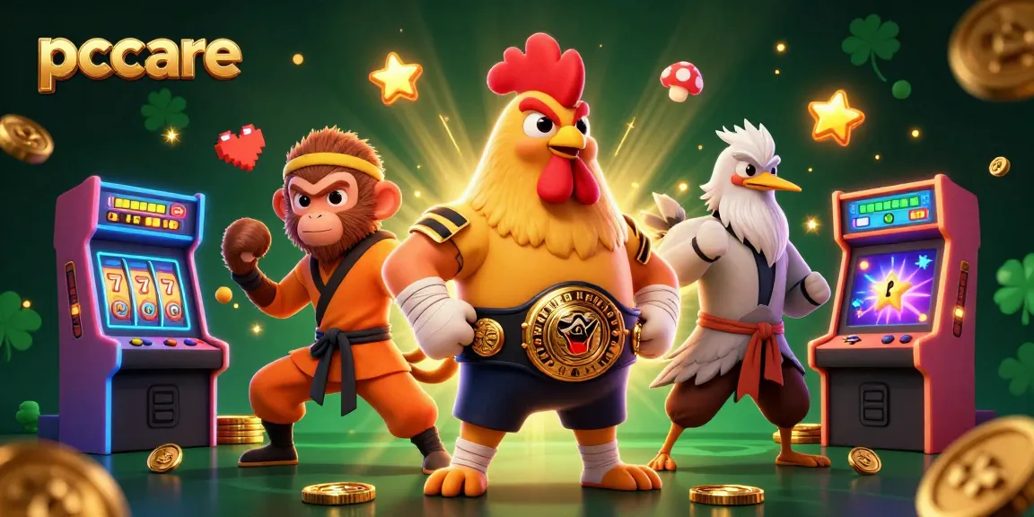 Pccare showcases a dynamic scene with a Muay Thai rooster, Shaolin monkey, and wise crane, surrounded by vibrant slot machines in a casino-themed illustration.