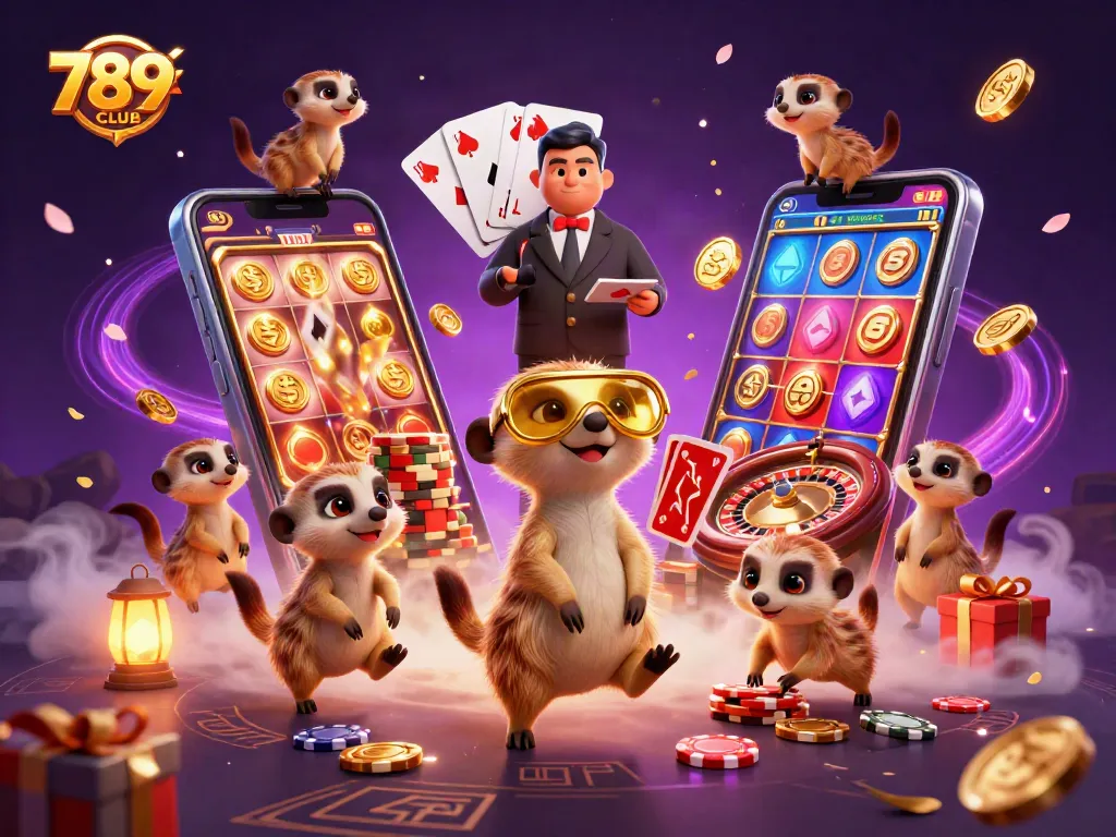 Experience the vibrant casino world of 789CLUB with playful meerkat dealers amidst thrilling game action.