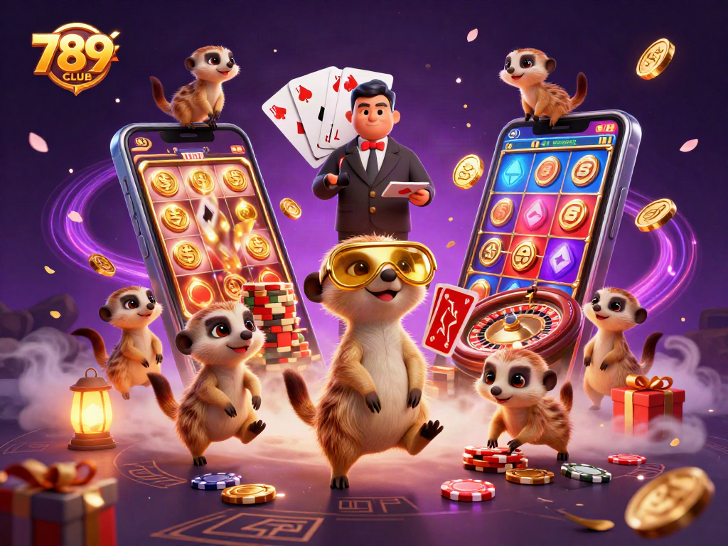 Experience the vibrant casino world of 789CLUB with playful meerkat dealers amidst thrilling game action.