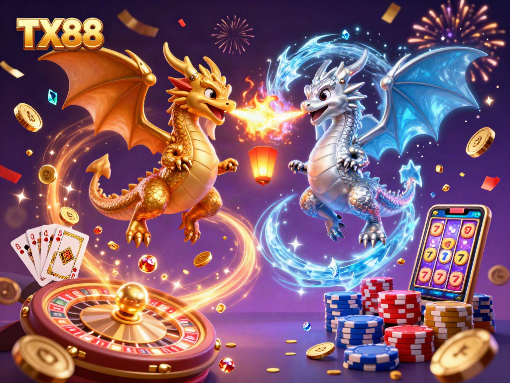 Experience excitement with TX88: A spectacular casino scene featuring mythical dragons and dynamic gaming elements.