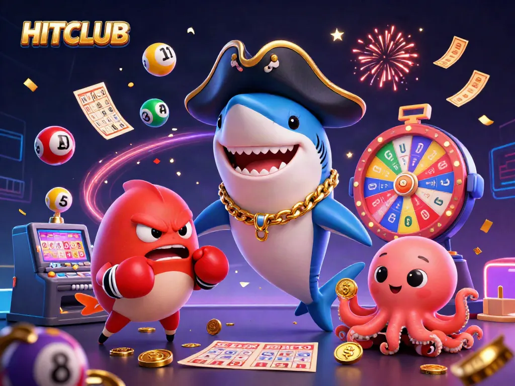 Experience the excitement of HITCLUB with a whimsical casino-themed illustration featuring dynamic characters and gaming elements.