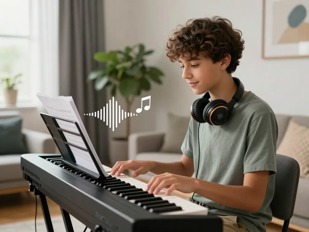 Teen playing the go 88 digital piano in a stylish living room with sheet music and headphones.