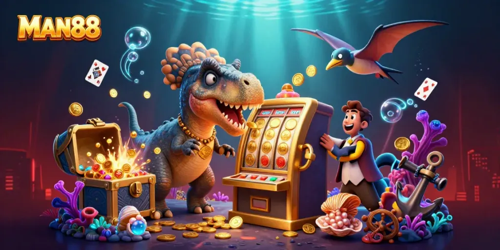 Experience the excitement of MAN88 as a pachycephalosaurus headbutts a slot machine in this thrilling casino-themed illustration.