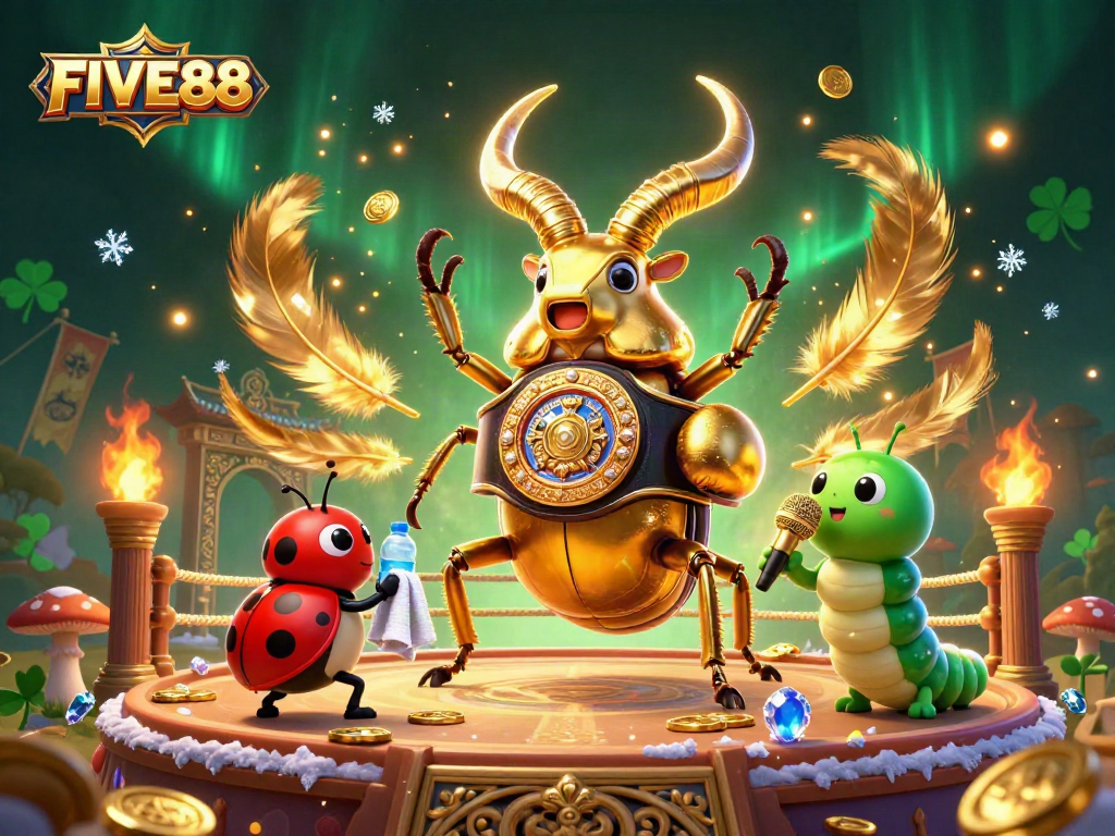 Experience the thrilling action at FIVE88 with a giant beetle champion and lively casino atmosphere.