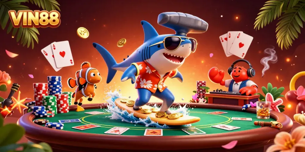 VIN88 offers a thrilling gambling experience featuring vibrant characters and casino elements.