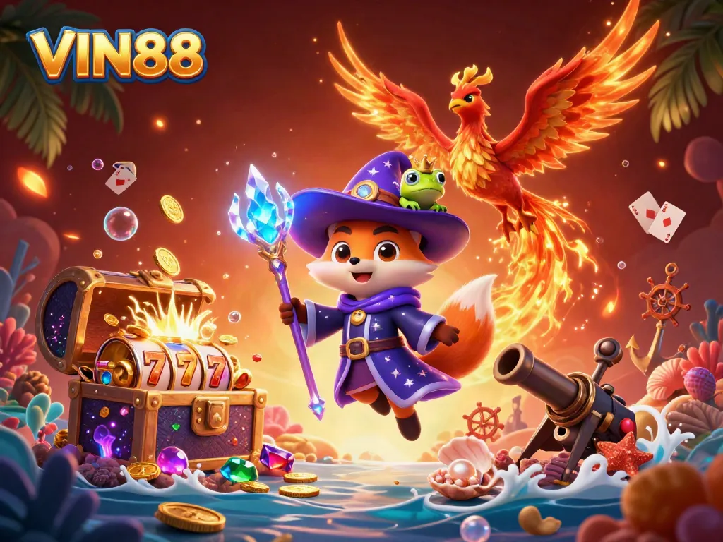 Experience thrilling gaming with VIN88 as a mystical wizard fox, phoenix, and an enchanted frog celebrate in this vibrant casino scene.