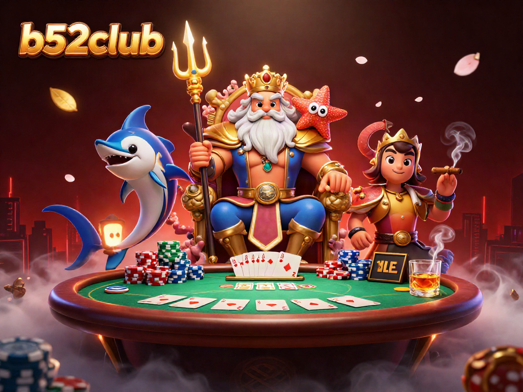 B52club players enjoy poker games with Neptune and unique characters in a vibrant 3D casino scene