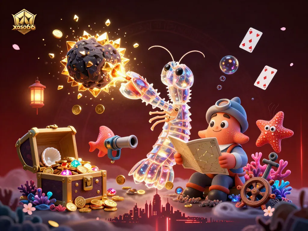 Experience the thrilling action of xoso66 in a vibrant underwater scene bursting with gems and casino elements.