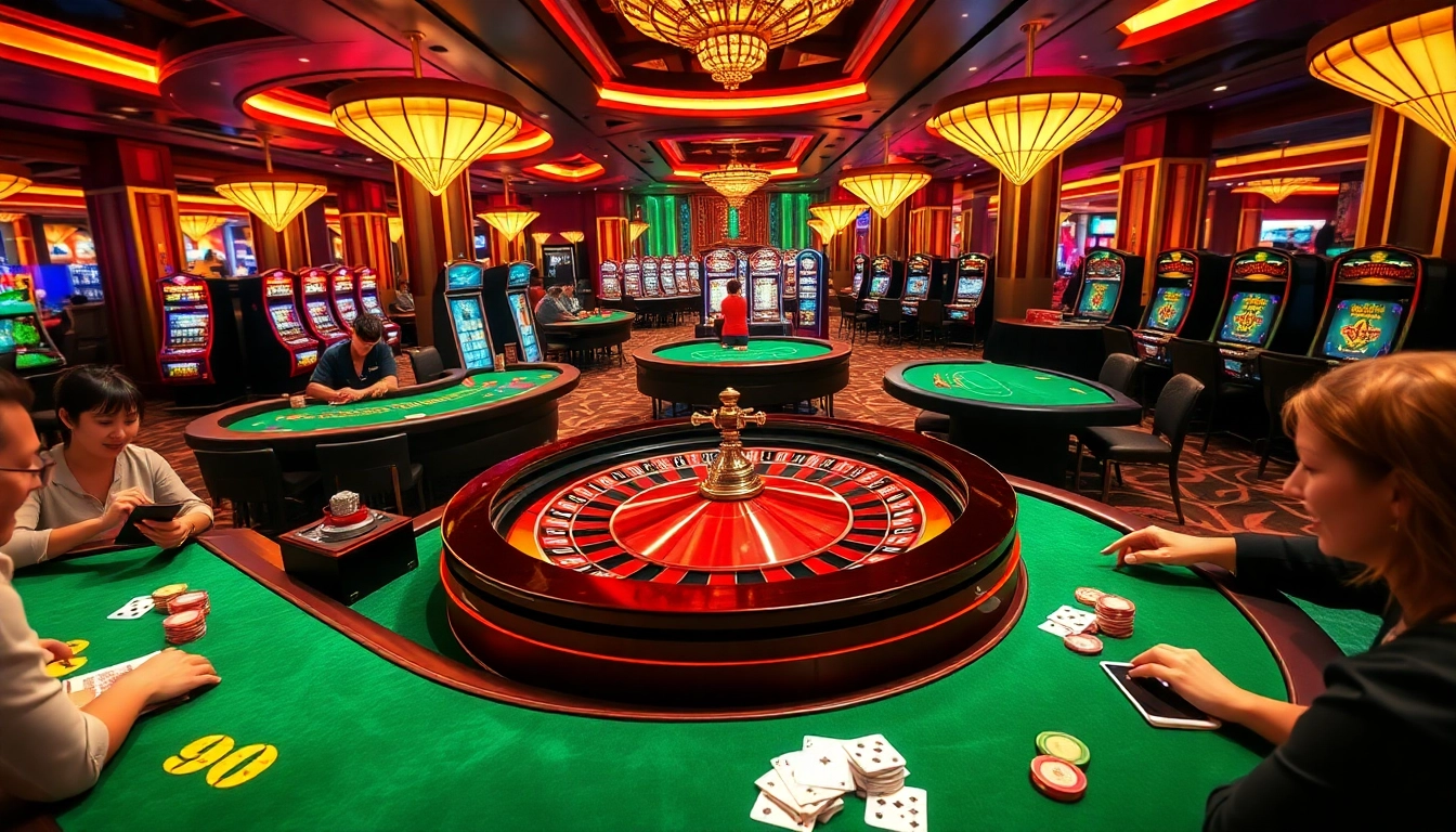 A lively casino scene showcasing the luxurious KK55 gaming experience with roulette and blackjack tables.