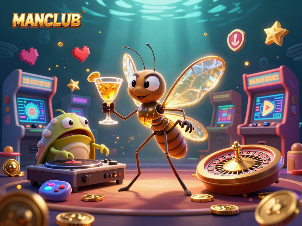 Experience the excitement of MANCLUB with lively casino action featuring a unique frozen mosquito mascot.