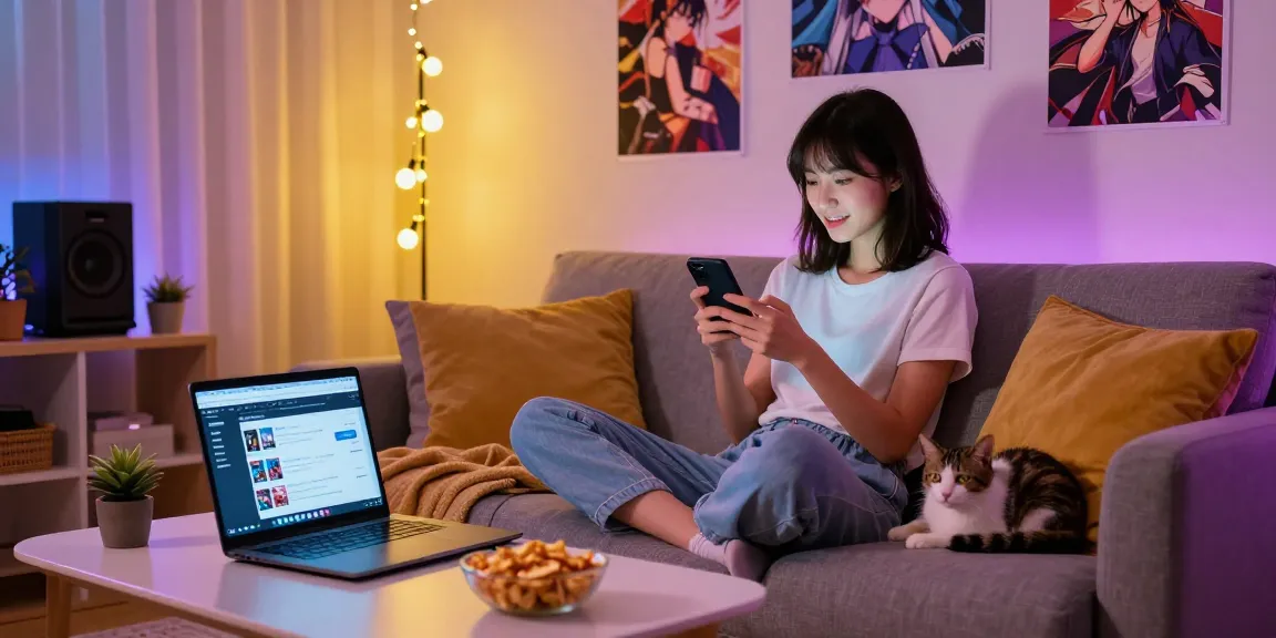 Enjoying a mobile hentai game in a cozy living room with ambient lighting.