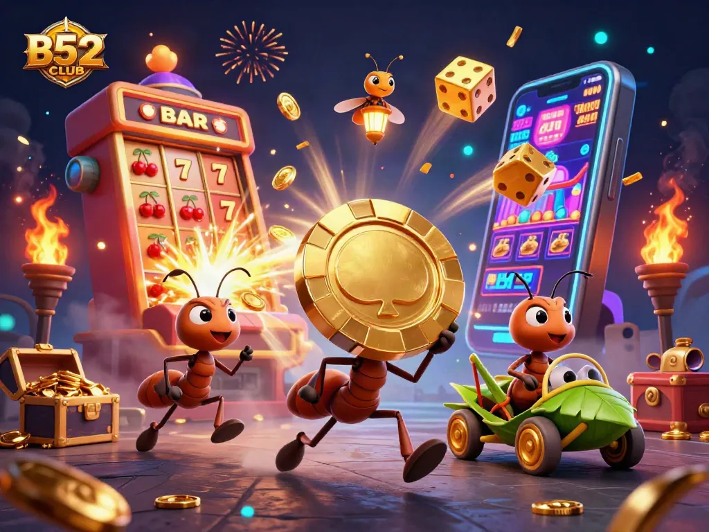 Engage with B52CLUB and join the thrilling journey of ants on a heist featuring a giant poker chip amidst vivid casino elements.