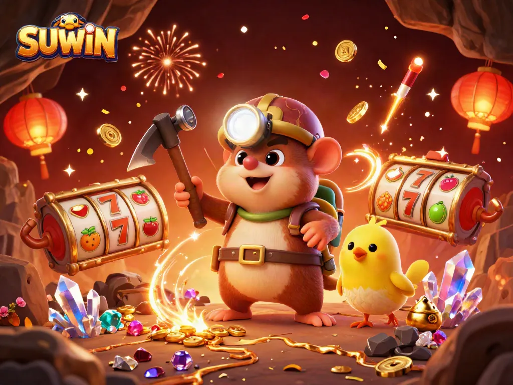 SUWIN showcases a vibrant casino scene with a treasure hunter mole, engaging in exciting gambling activities.
