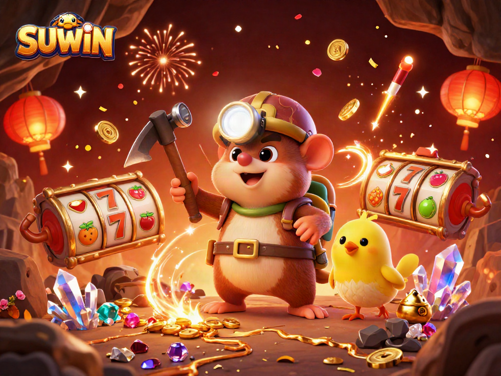 SUWIN showcases a vibrant casino scene with a treasure hunter mole, engaging in exciting gambling activities.