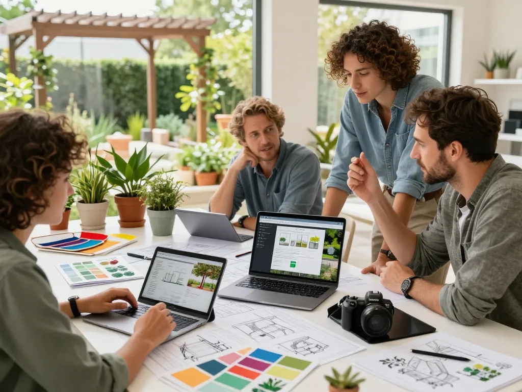 Team di design collaborativo per giardini che gestisce i contenuti delle pergole con strumenti CMS in un luminoso laboratorio.