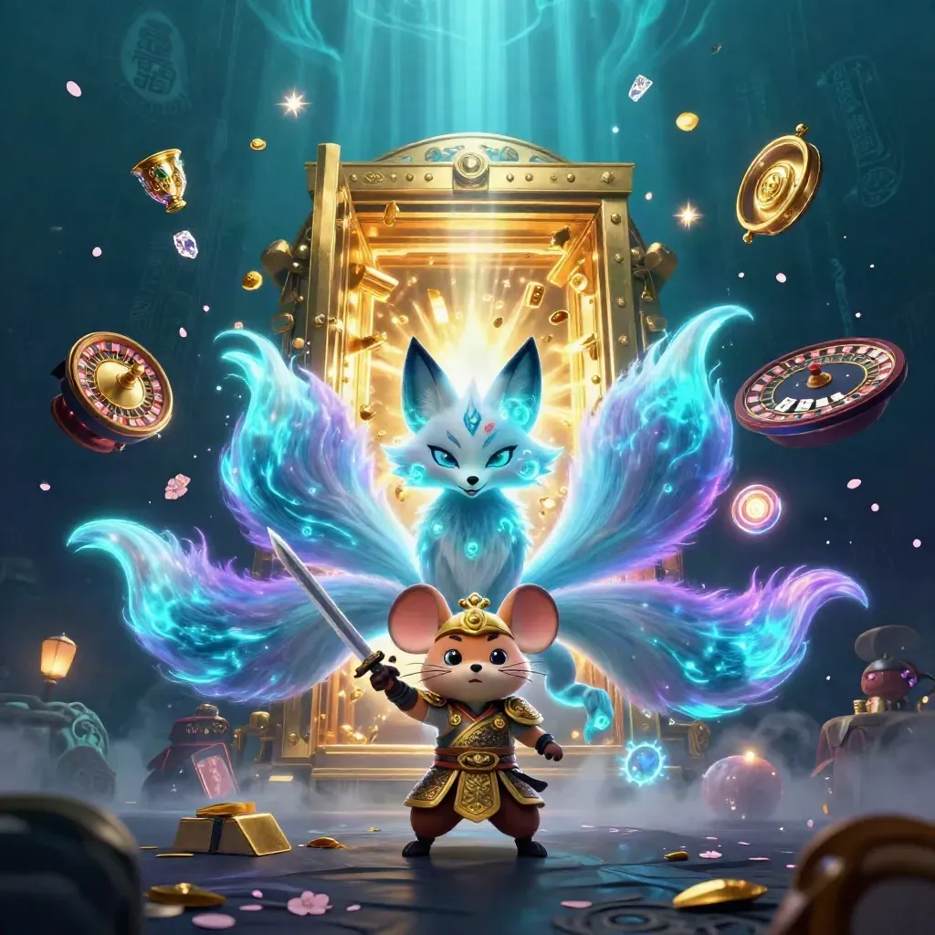 Volpe a nove code e topo samurai tra tesoro, luce neon e atmosfere magiche