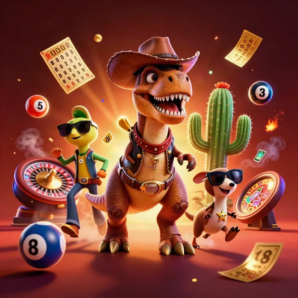 T-Rex cowboy, cactus e uccello sceriffo tra luci neon e tesori.