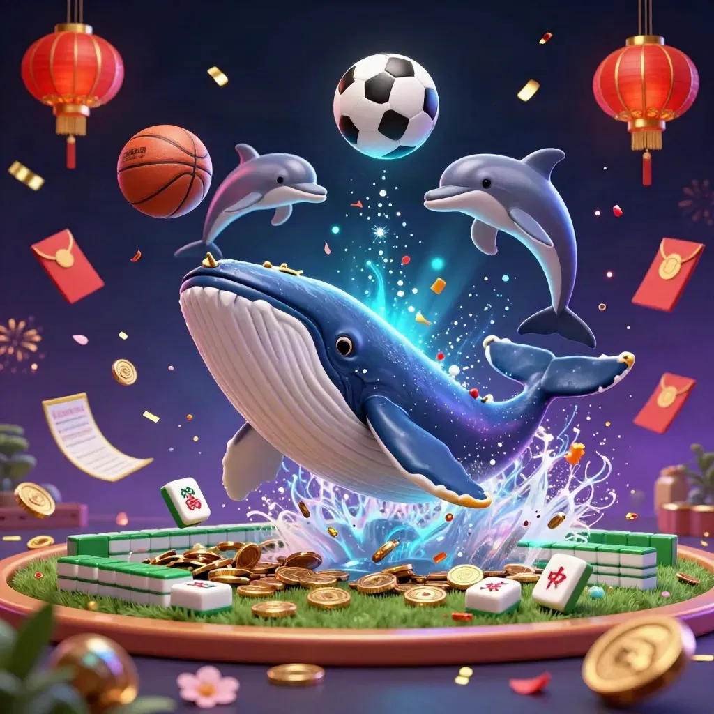 Balena capitana, narvalo e delfini tra monete, pallone e luci neon in stile casino premium.