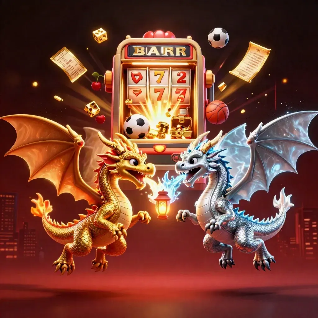 Due draghi 3D oro e argento tra fuoco e ghiaccio, con slot, dadi e simboli del gioco