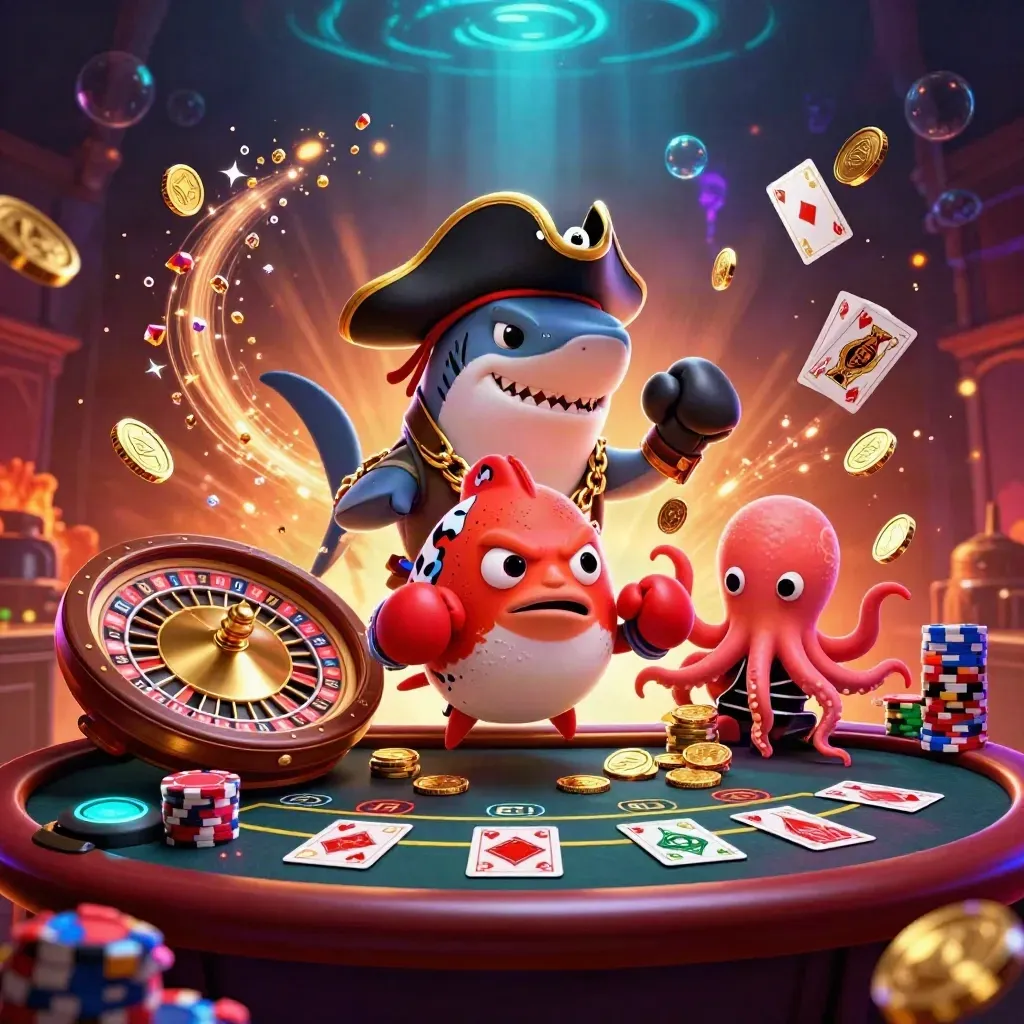 Squalo pirata, pesce palla e piovra tra monete, fiches e luci da casino di lusso.