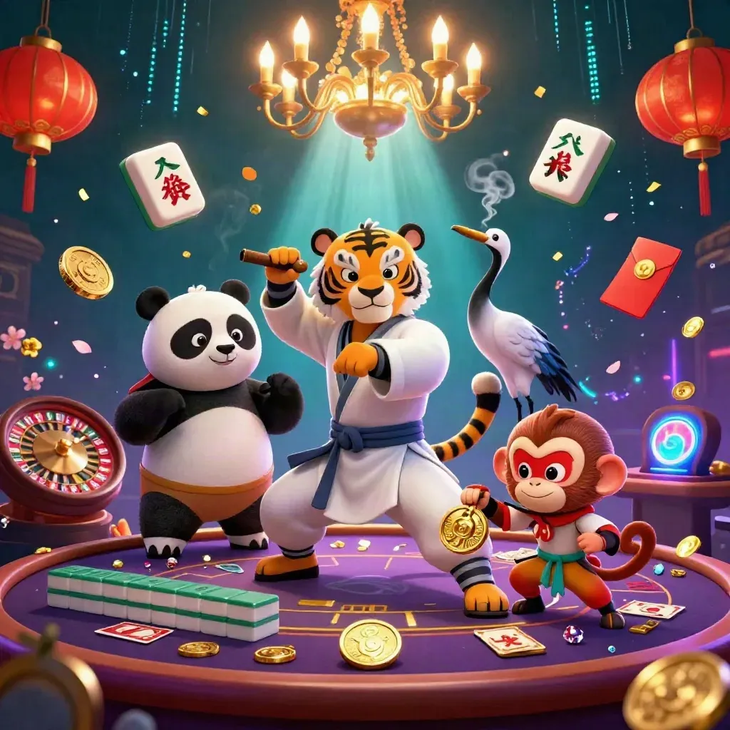 Tigre kung-fu, panda e scimmia in un casinò live lussuoso con luci neon e carte