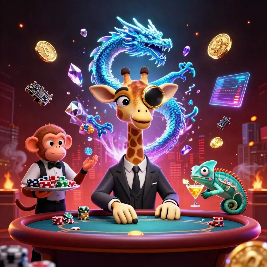 Giraffa elegante, scimmia e camaleonte tra monete crypto, luce ciano e sfondo rosso scuro.