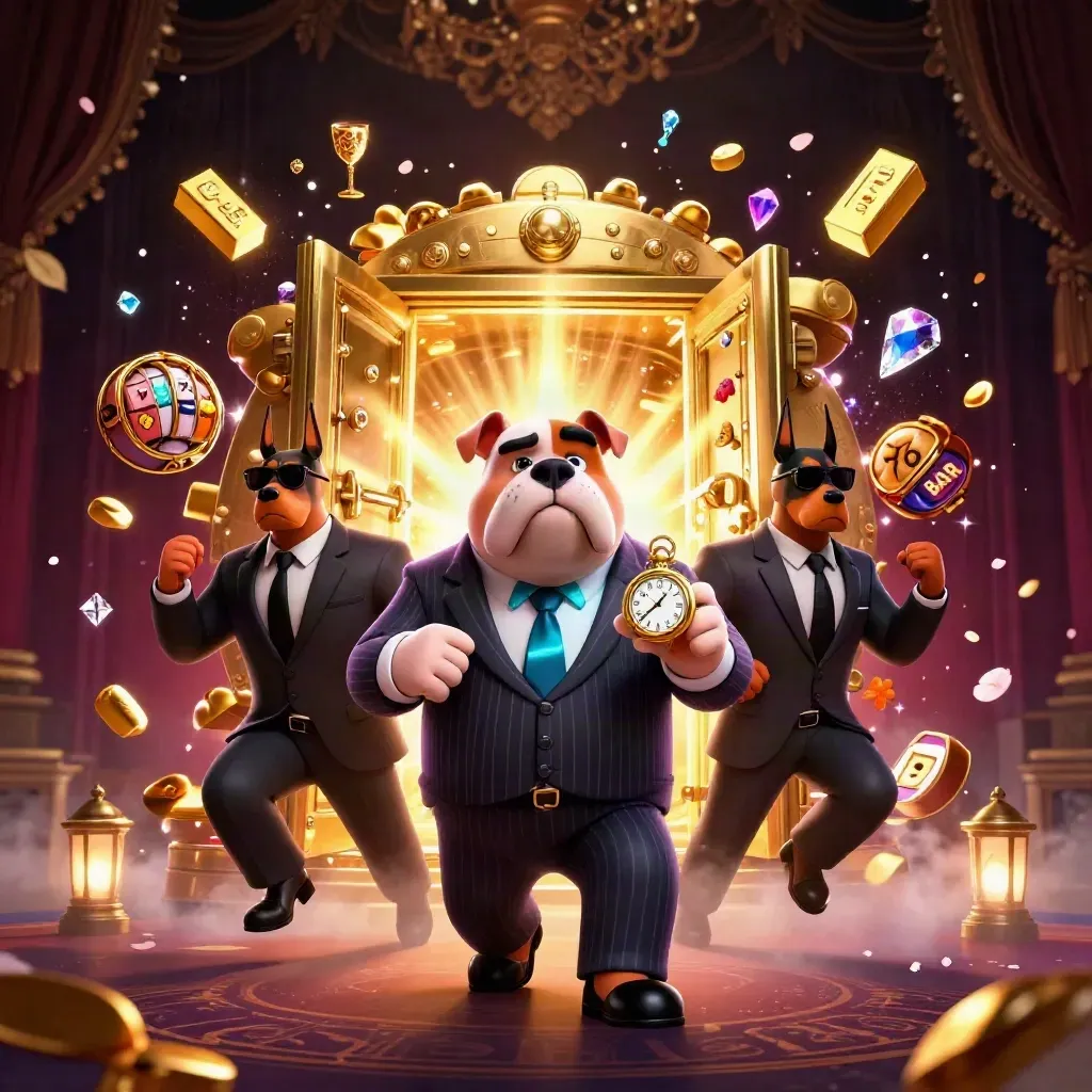 Bulldog boss e dobermann aprono un caveau d’oro tra gemme, foglie e bagliori neon.