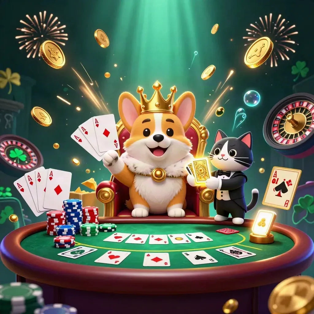 Corgi reale e gatto maggiordomo tra fiches, monete e luci neon da casino.