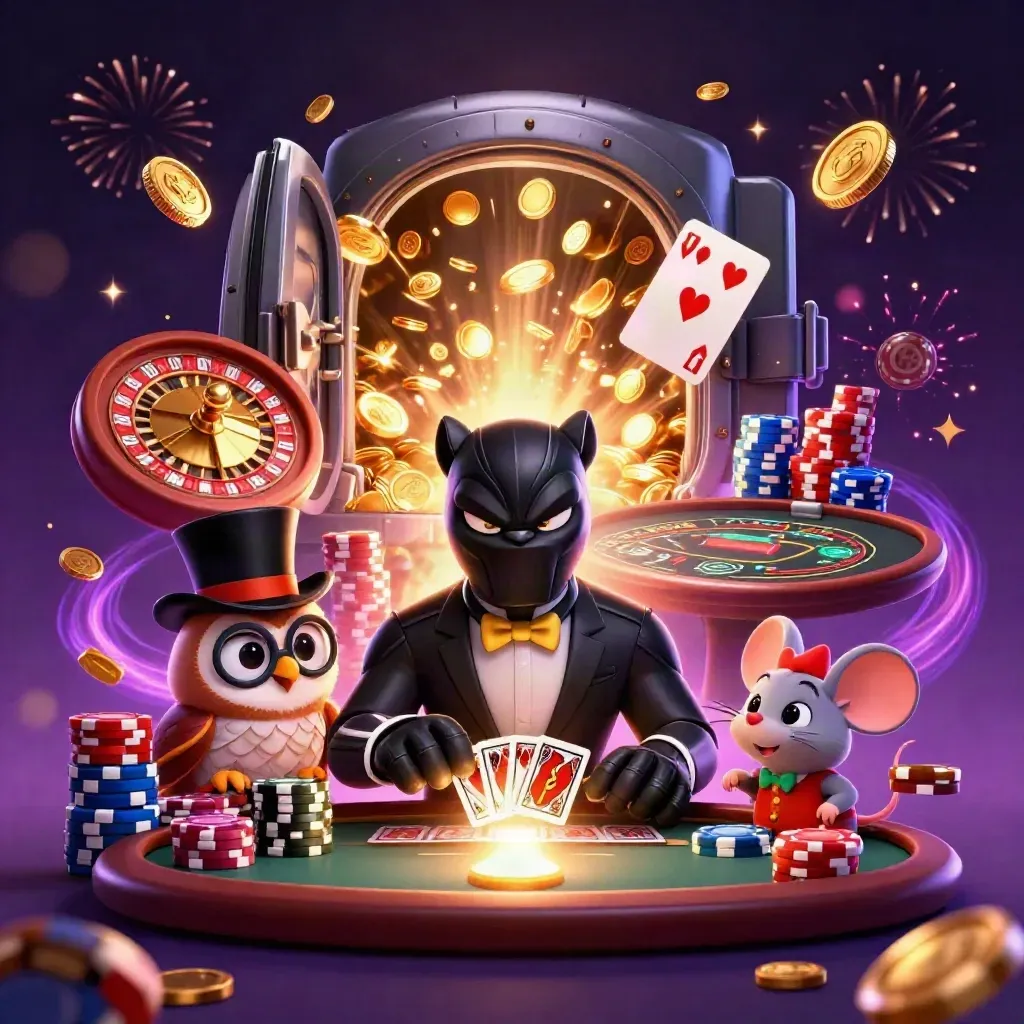 Pantera, gufo e topo tra monete, gemme e roulette in una scena casino viola e oro.