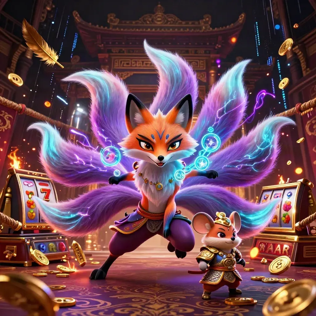 Volpe a nove code con topolino samurai tra ori, monete e luci neon in stile slot premium
