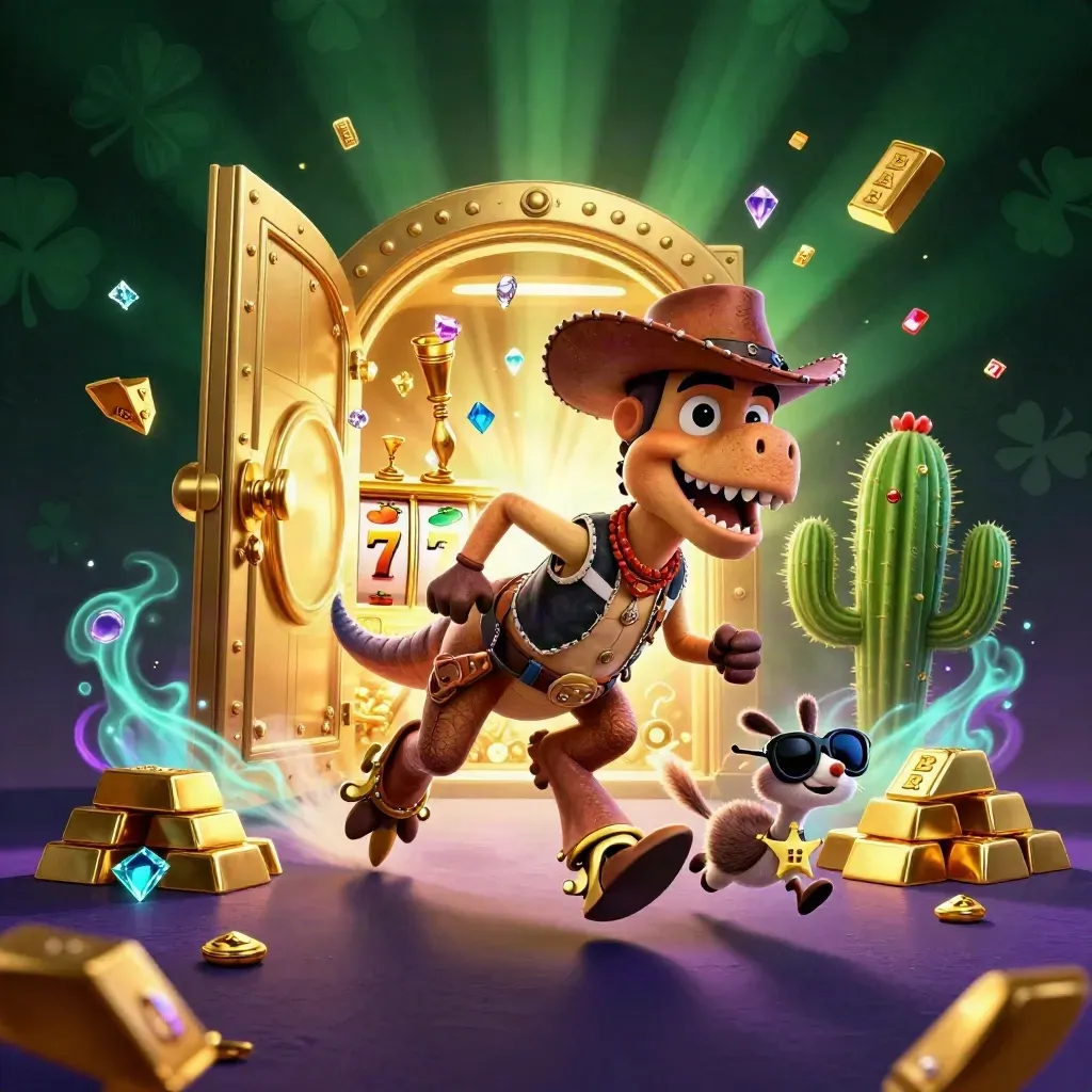 T-Rex cowboy con cactus e roadrunner davanti a caveau d’oro, luci neon e slot glitter.