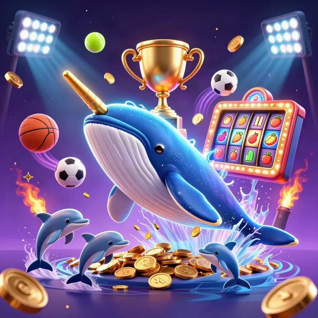 Balena capitano, narvalo e delfini tra monete, sfere sportive, slot e bagliori neon.