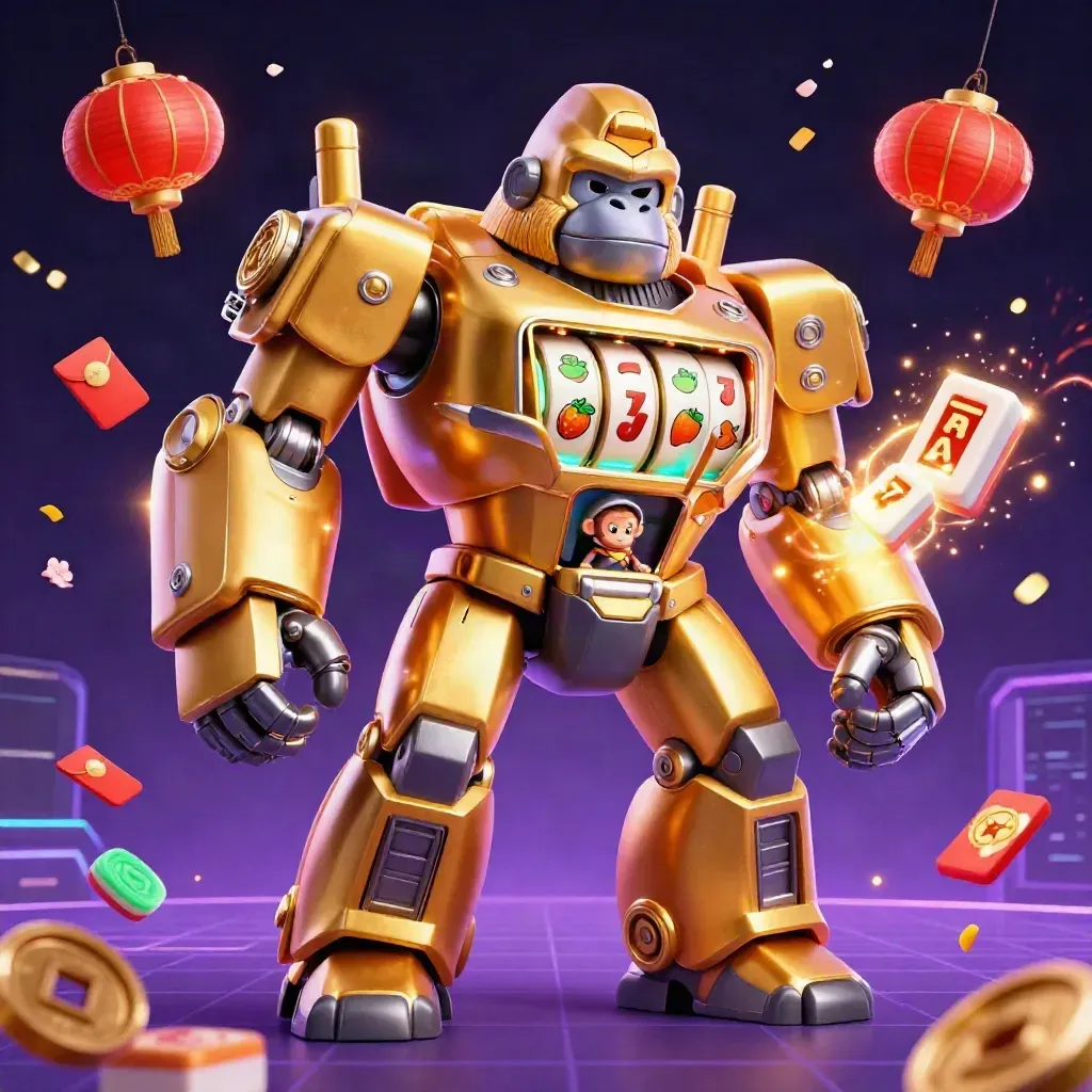 Gorilla meccanico d’oro con pilotino scimmia, tra bonus, lanterne e scintille neon.