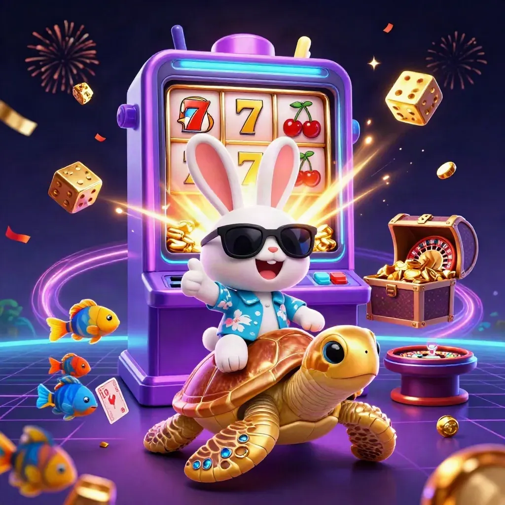 Coniglio fortunato su tartaruga d’oro tra simboli slot, monete, luci neon e carte
