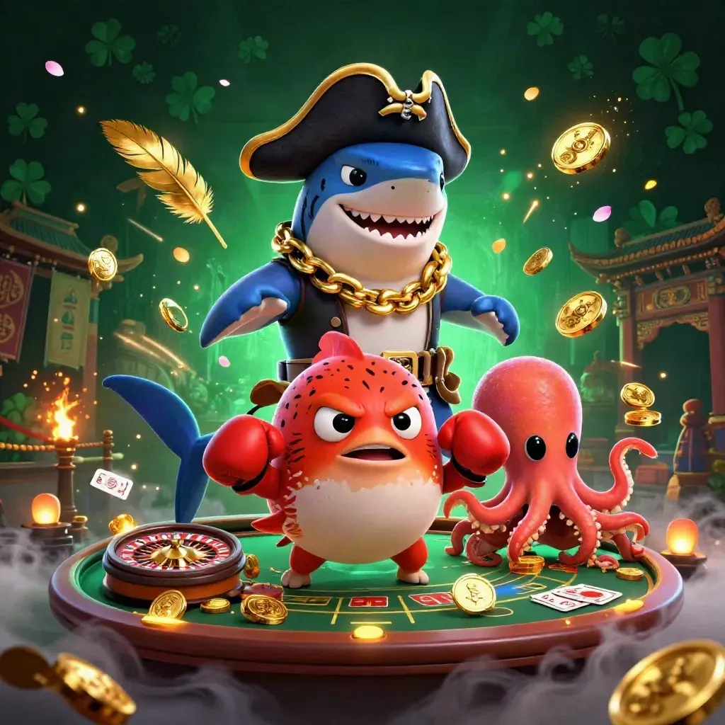 Squalo pirata, pesce palla e polpo in scena casinò con monete e luci neon.