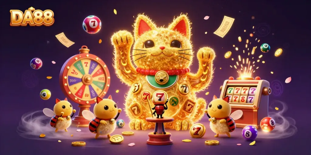 Experience the thrilling atmosphere of DA88 with a lucky cat and dynamic casino elements.