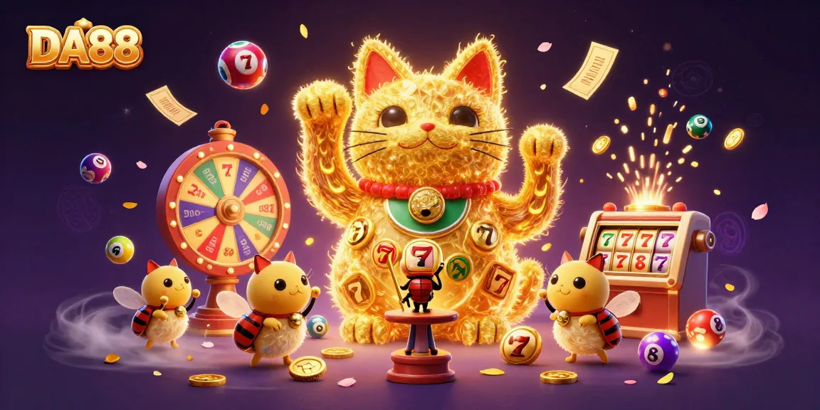 Experience the thrilling atmosphere of DA88 with a lucky cat and dynamic casino elements.
