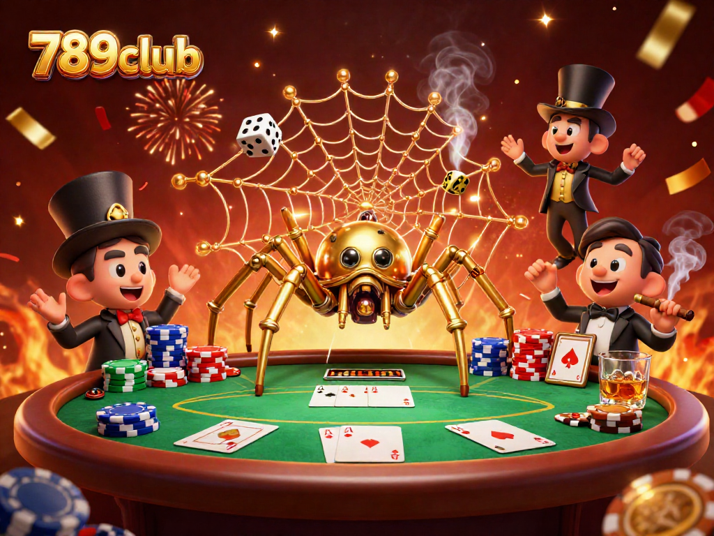 Play poker with 789club, featuring a steampunk spider catching dice with a golden poker web.
